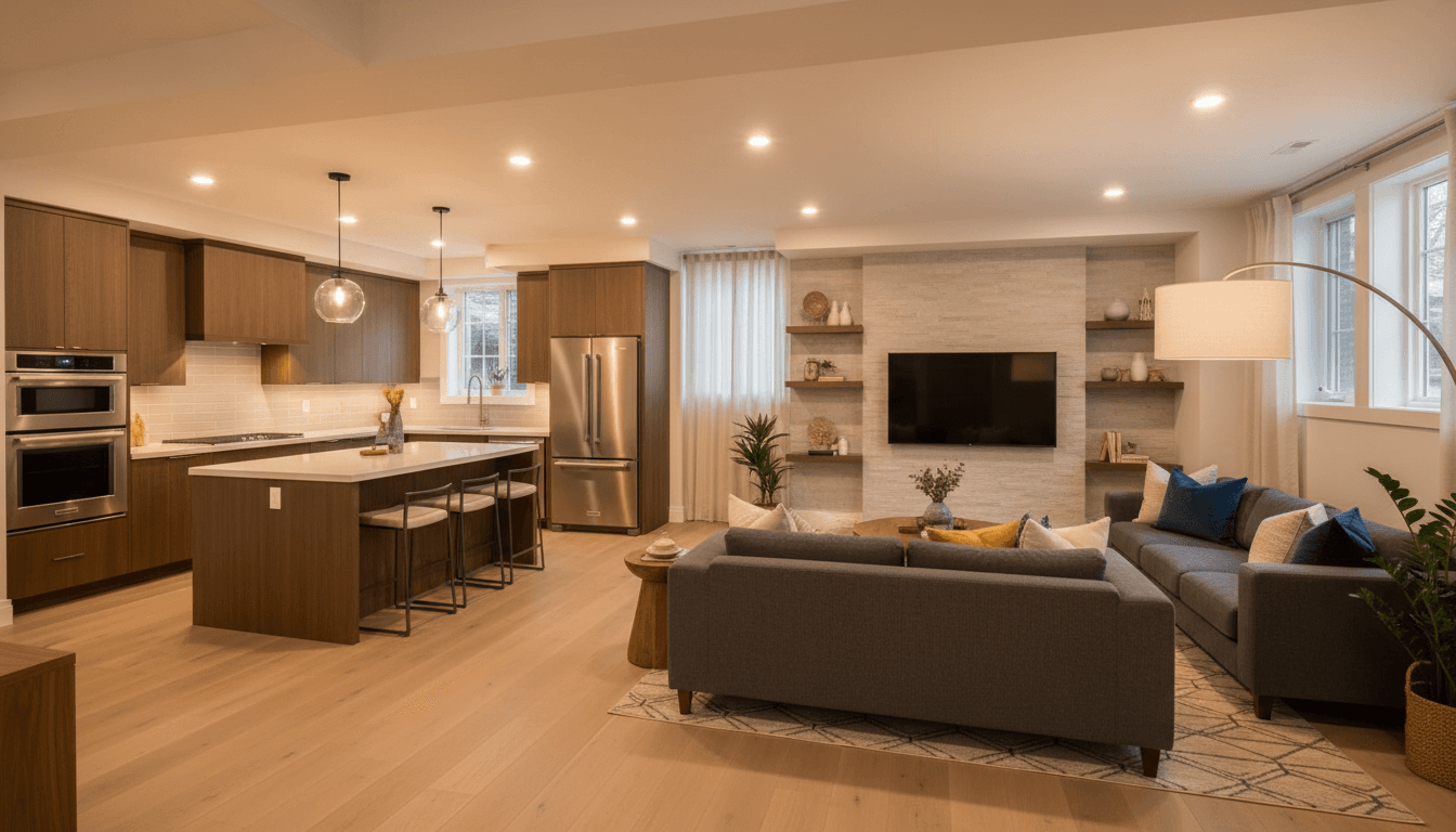 Finished legal basement suite in Edmonton with kitchen cabinets and modern finishes