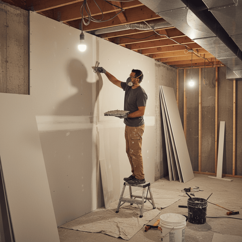 Taping and mudding drywall seams in basement