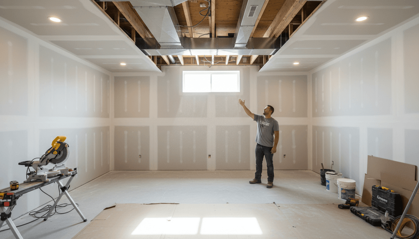 Contractor inspecting a finished basement with textured ceiling and modern flooring