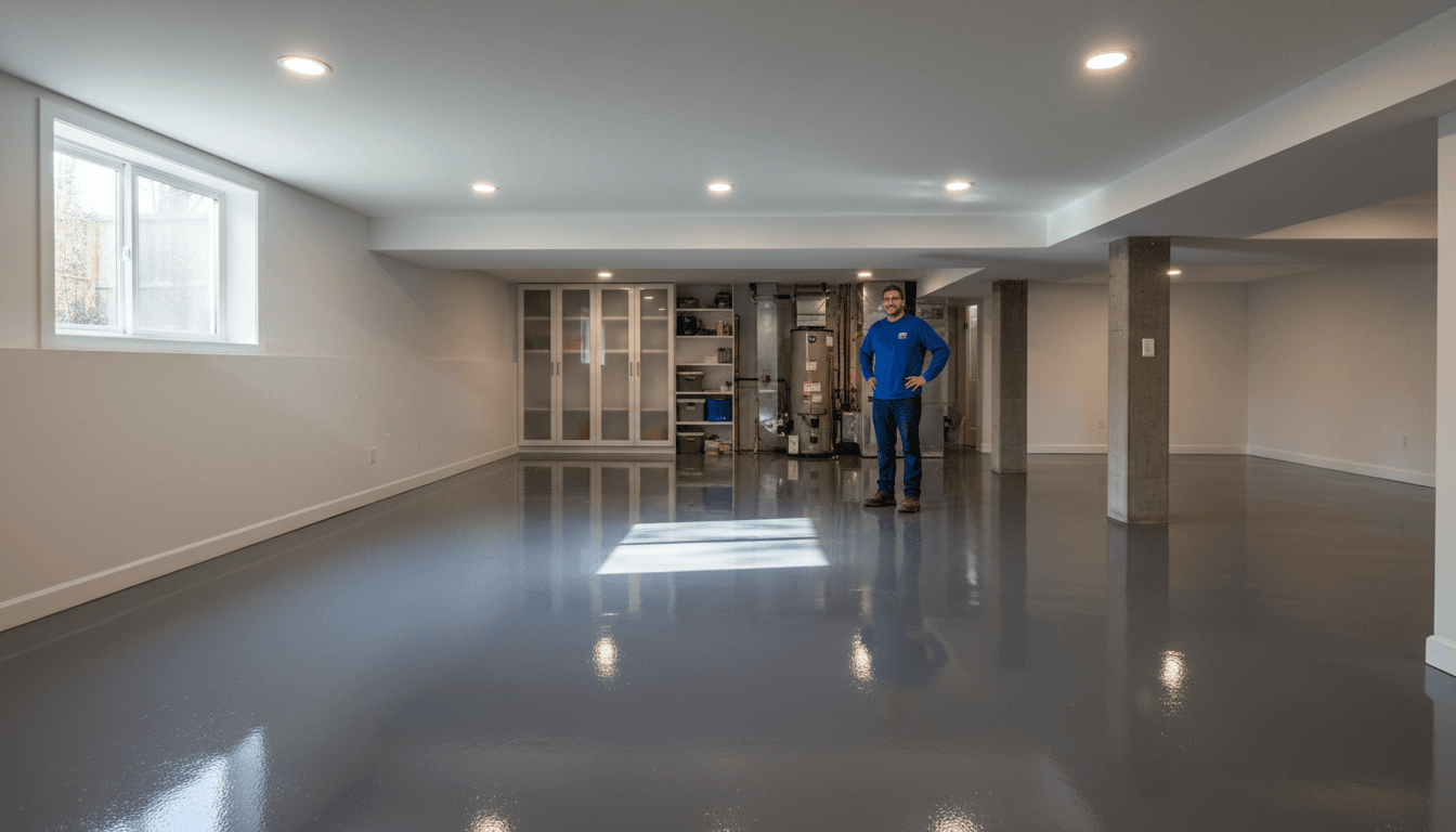 Finished basement living space with new flooring and lighting