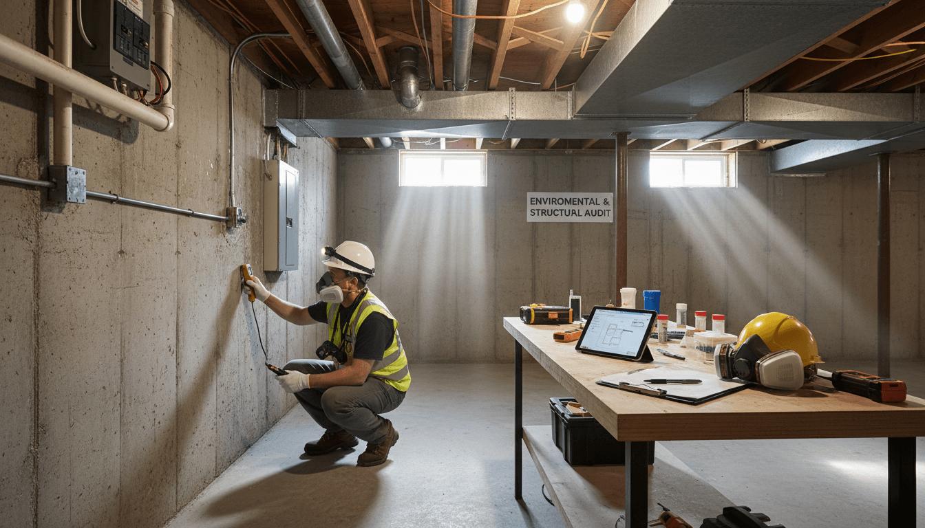 Professional inspector in safety gear systematically examining basement foundation, pipes, and electrical systems with diagnostic equipment