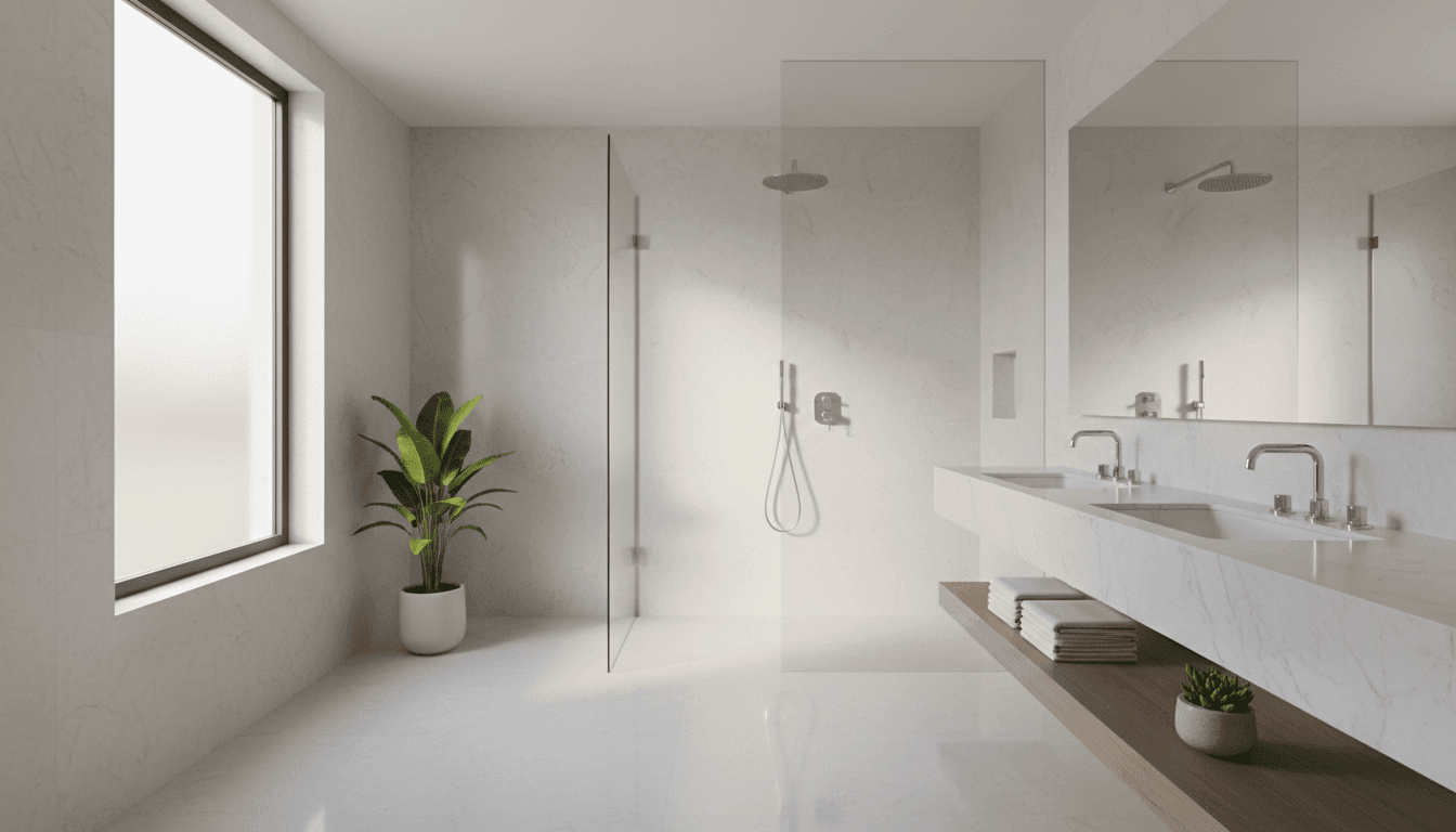 Modern luxury bathroom featuring marble vanity, frameless glass shower, contemporary chrome fixtures, and soft natural light creating serene spa-like ambiance