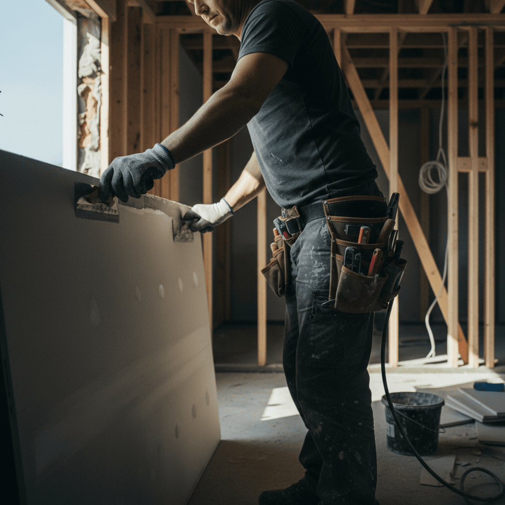 Tradesperson's hands applying drywall compound to interior wall with natural light illuminating the detailed construction work