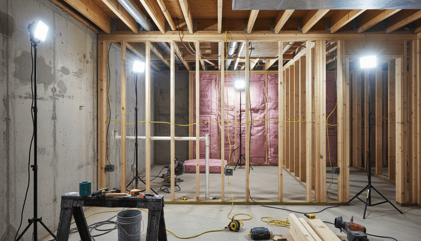 Basement under construction showing framing and drywall installation