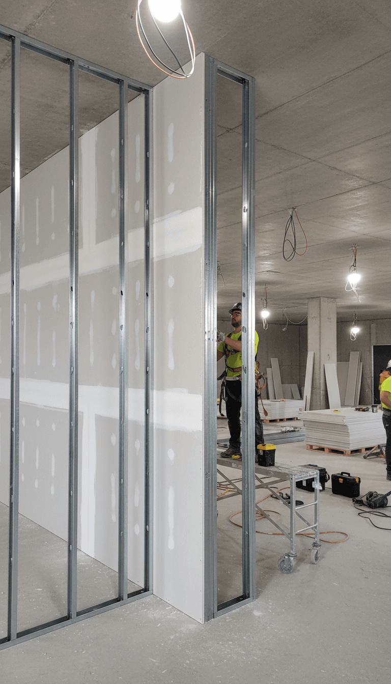 Worker installing and finishing drywall corner joint assembly from floor to ceiling on multi-story building interior